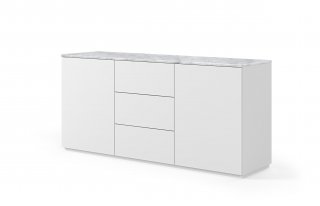 Buffet WHITY 2 blanc mat 180cm 2 portes/3 tiroirs Plateau en Marbre blanc